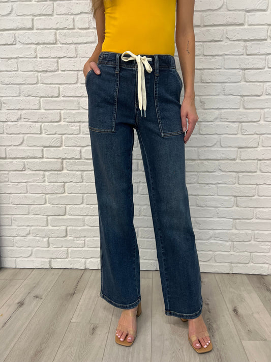 JUDY BLUE HIGH RISE DRAWSTRING WIDE LEG JEANS