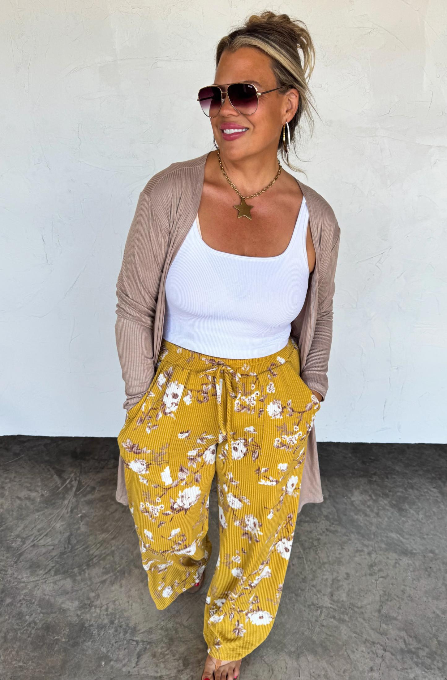 HADDIE FLORAL URBAN RIBBED WIDE LEG PANTS  in MUSTARD