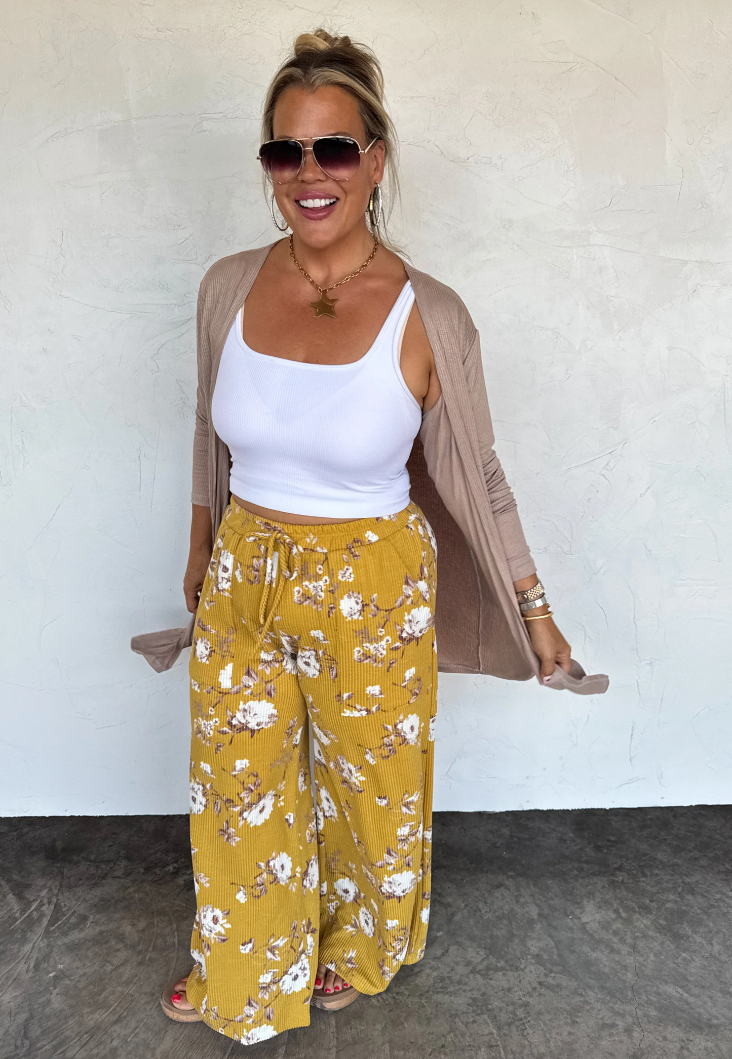 HADDIE FLORAL URBAN RIBBED WIDE LEG PANTS  in MUSTARD