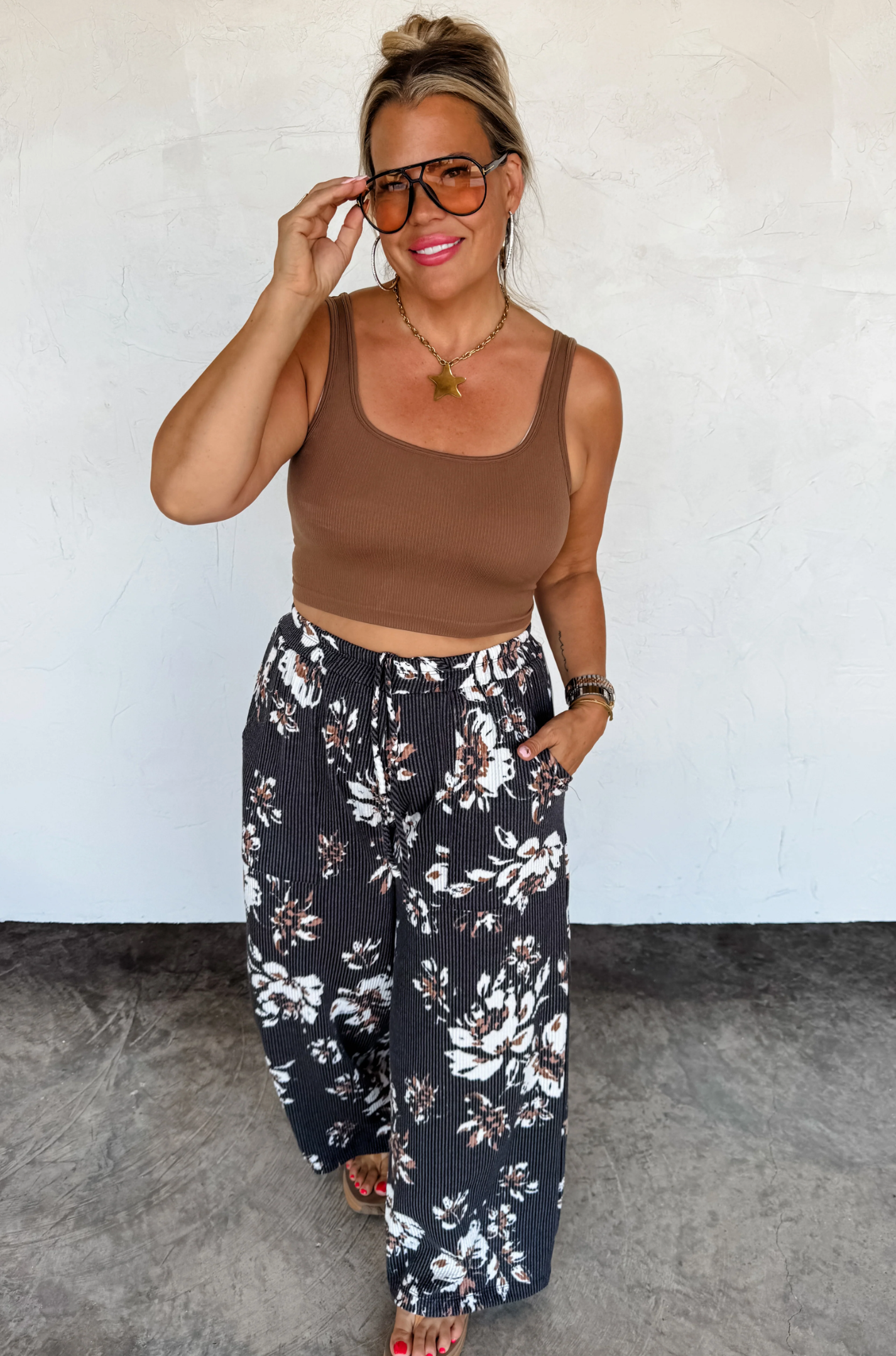 HADDIE FLORAL URBAN RIBBED WIDE LEG PANTS in BLACK