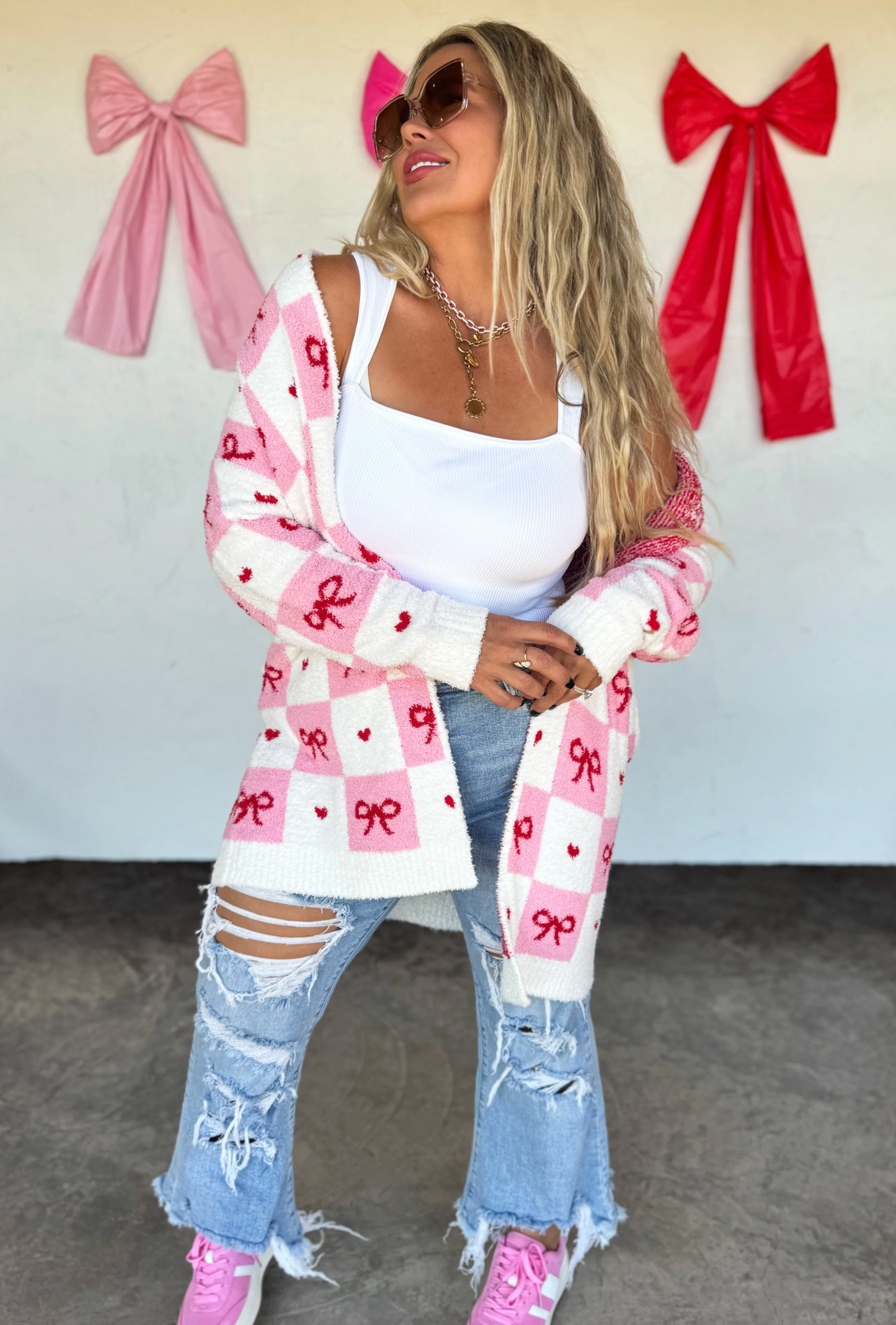 BOW CHECK CLOUD CARDIGAN