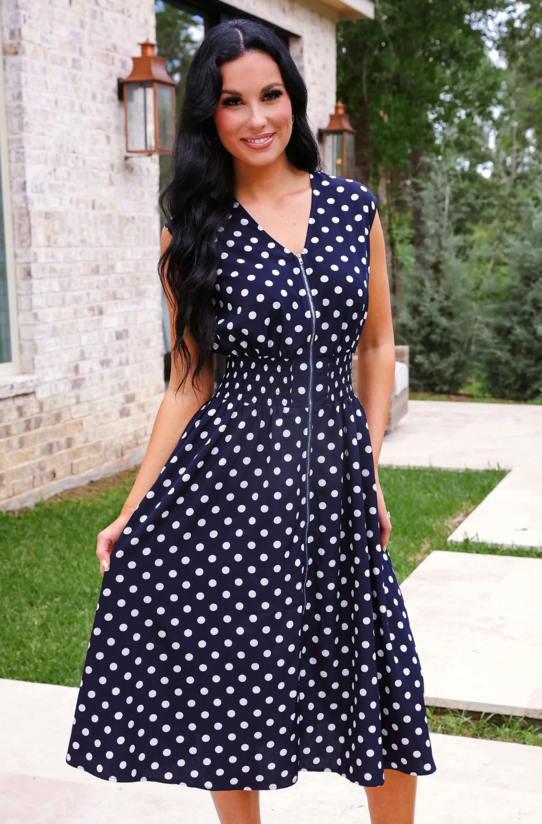 ANNIE MIDI ZIPPER DRESS - NAVY POLKA