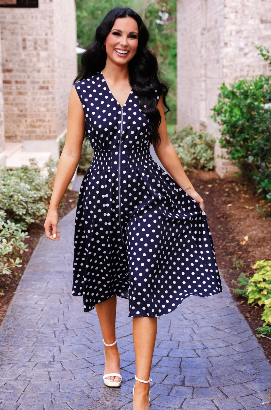 ANNIE MIDI ZIPPER DRESS - NAVY POLKA