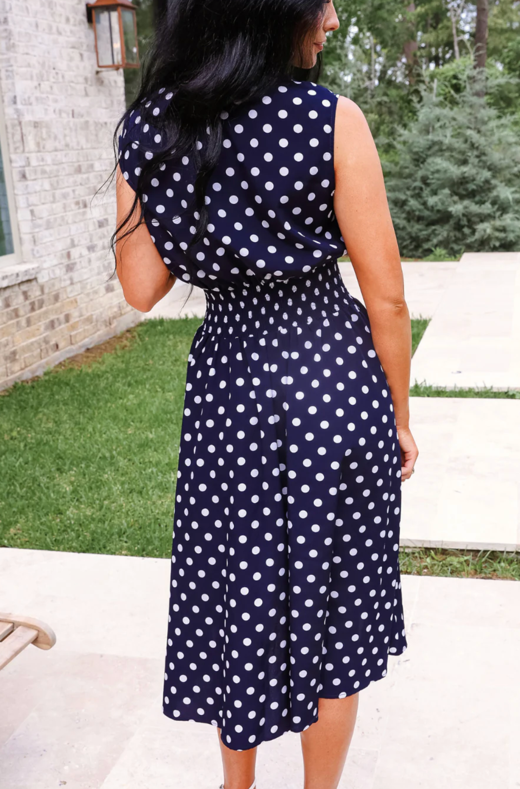 ANNIE MIDI ZIPPER DRESS - NAVY POLKA