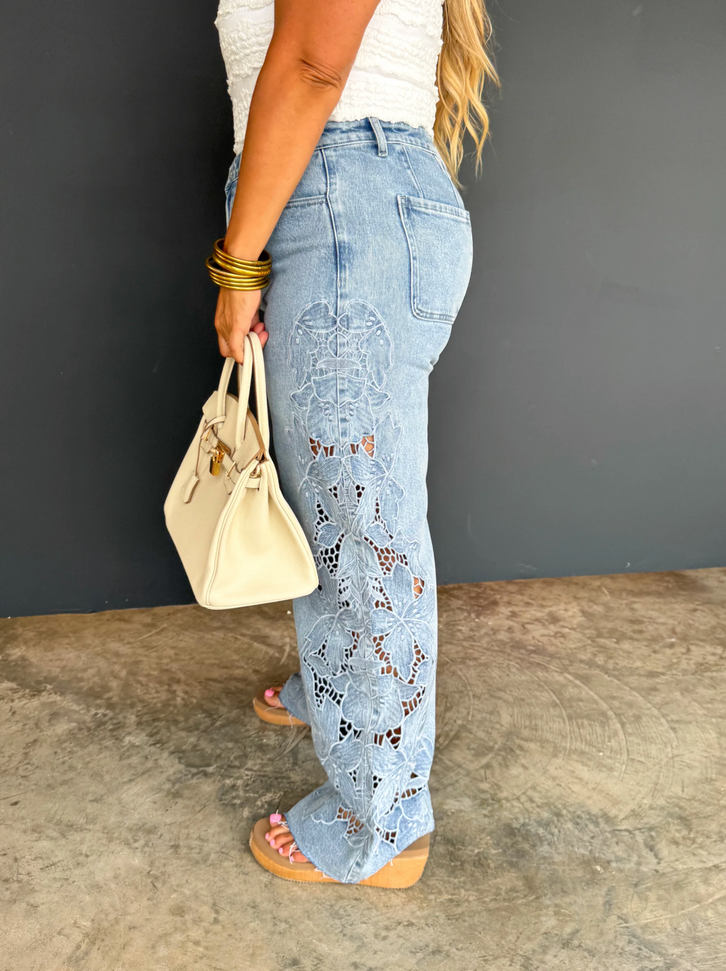 FLORAL CHARM LASER CUT & EMBROIDERED WIDE LEG JEANS