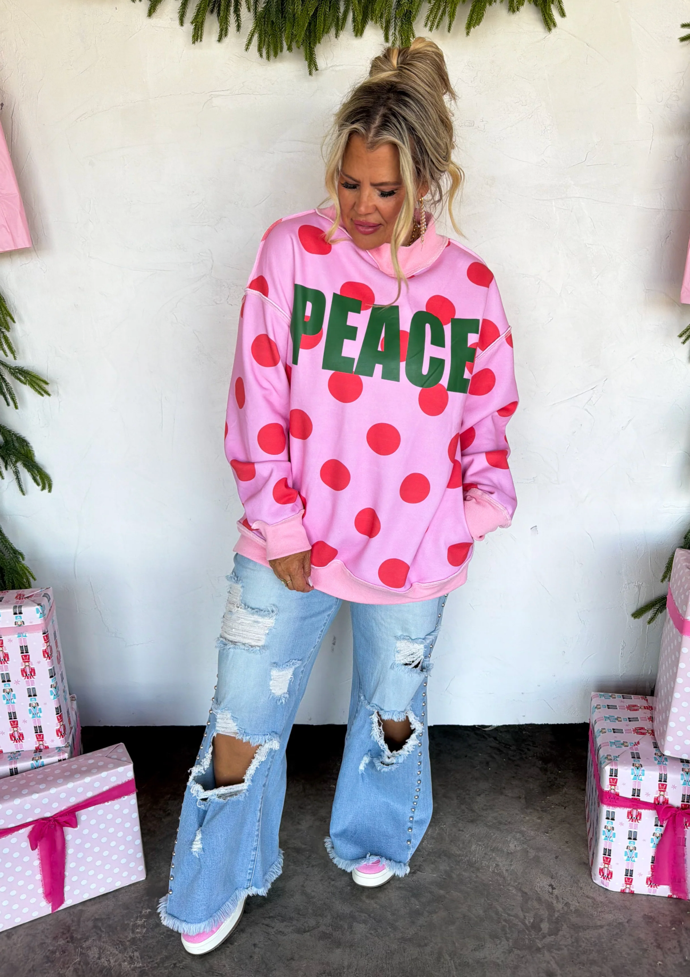 *PREORDER* PEACE & POLKA DOT MOCK NECK PULLOVER - THREE COLORS