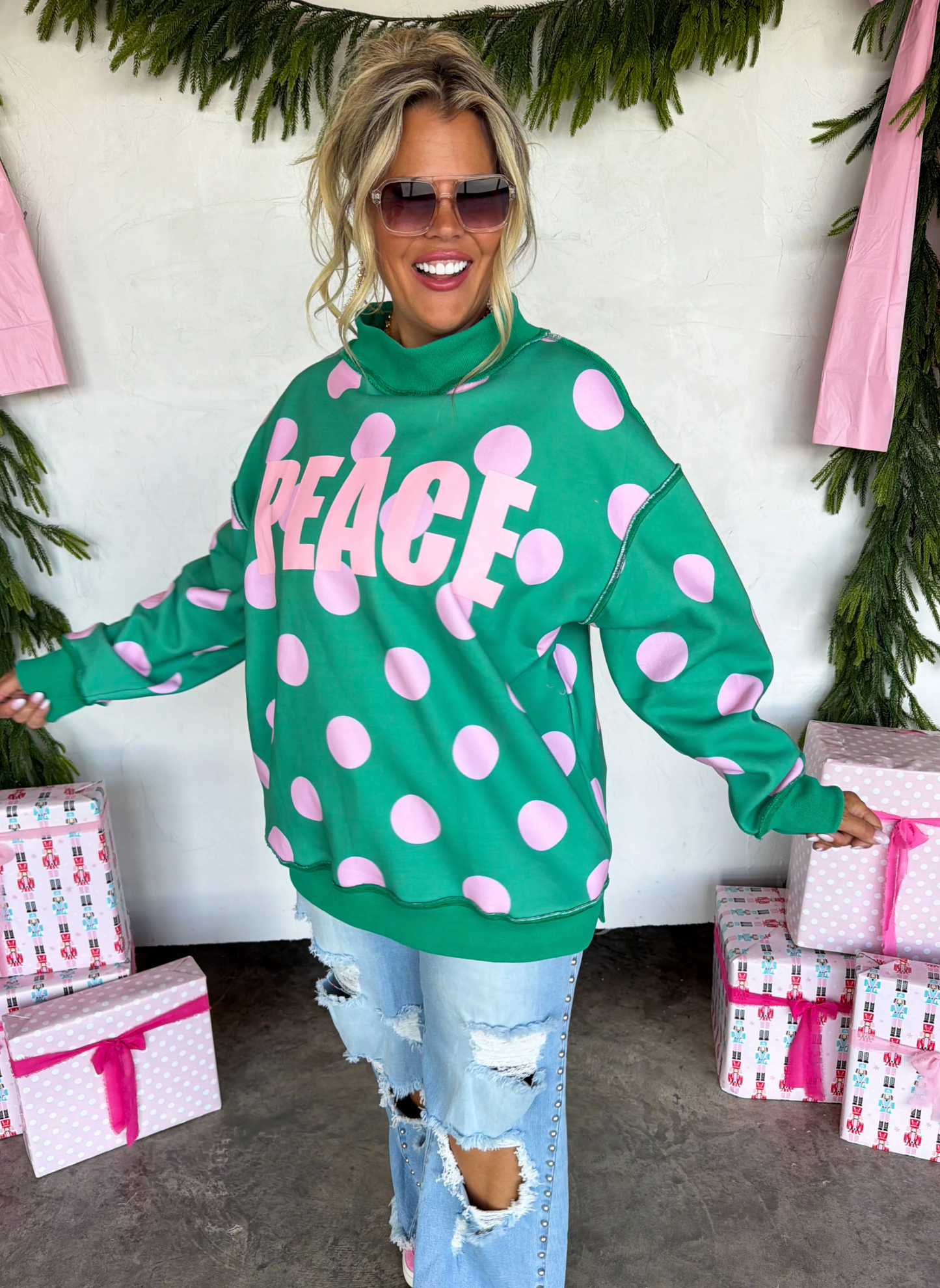 *PREORDER* PEACE & POLKA DOT MOCK NECK PULLOVER - THREE COLORS