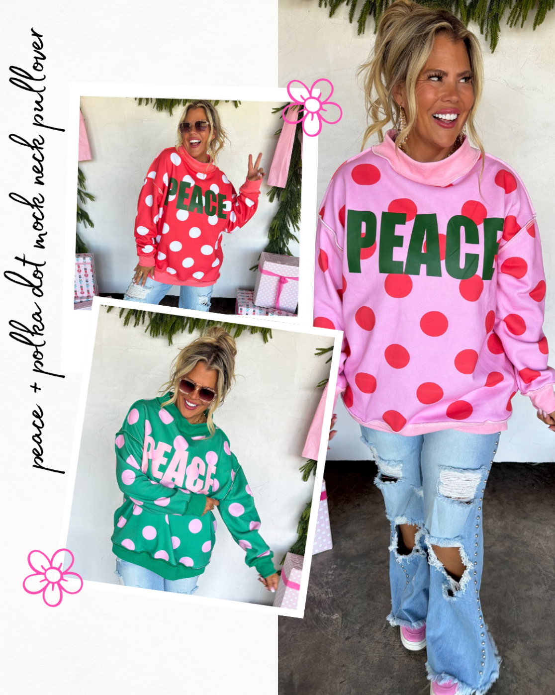 *PREORDER* PEACE & POLKA DOT MOCK NECK PULLOVER - THREE COLORS