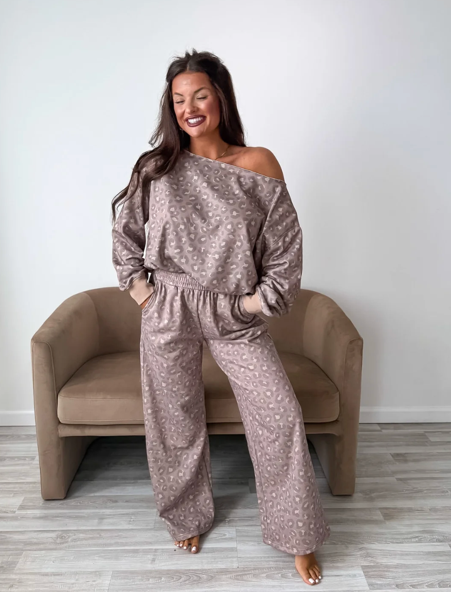 *PREORDER* TOASTED TOFFEE LEOPARD TERRY WIDE LEG PANTS