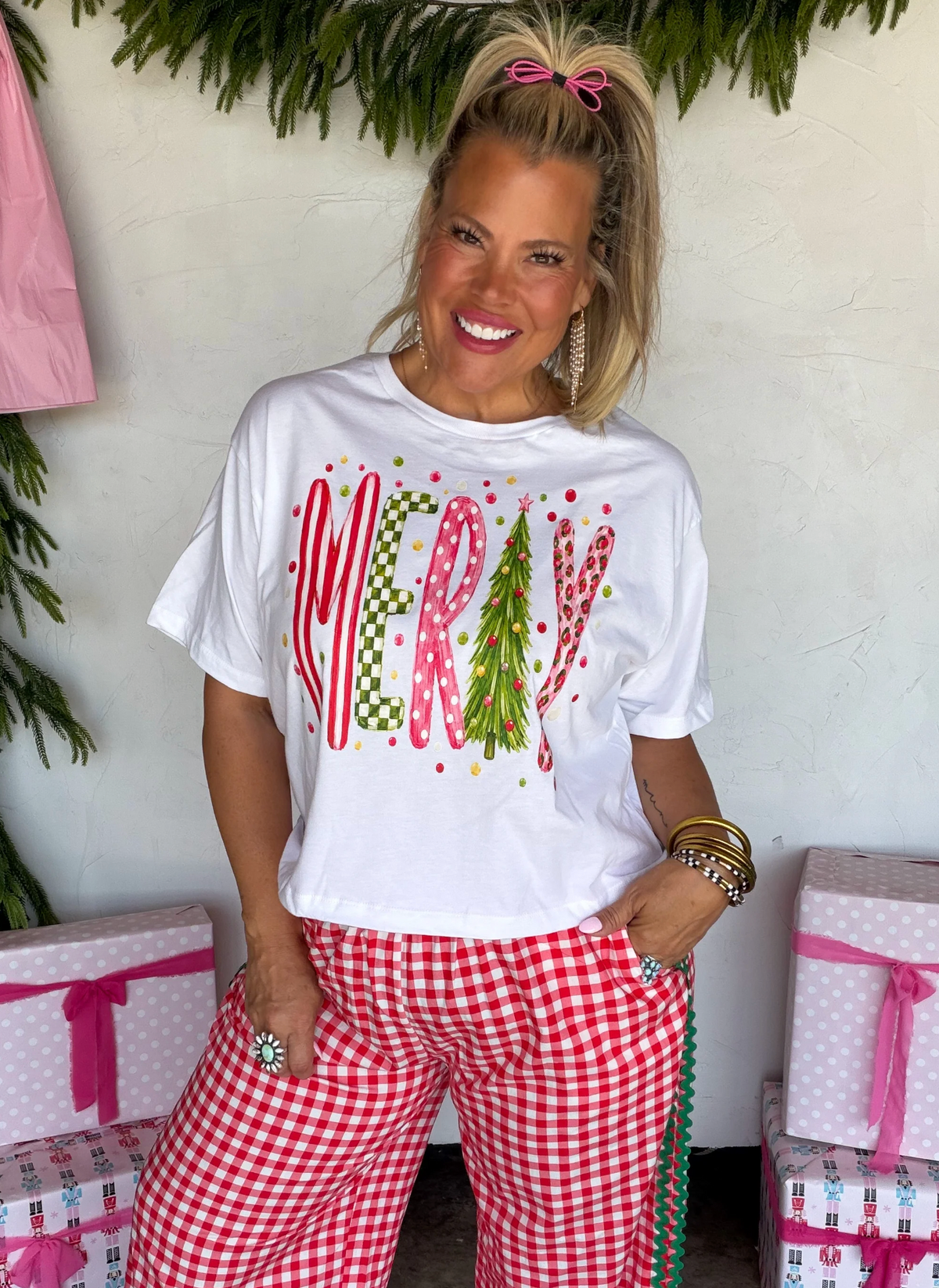 *PREORDER* MERRY MIXED PRINT GRAPHIC CAP SLEEVE TEE