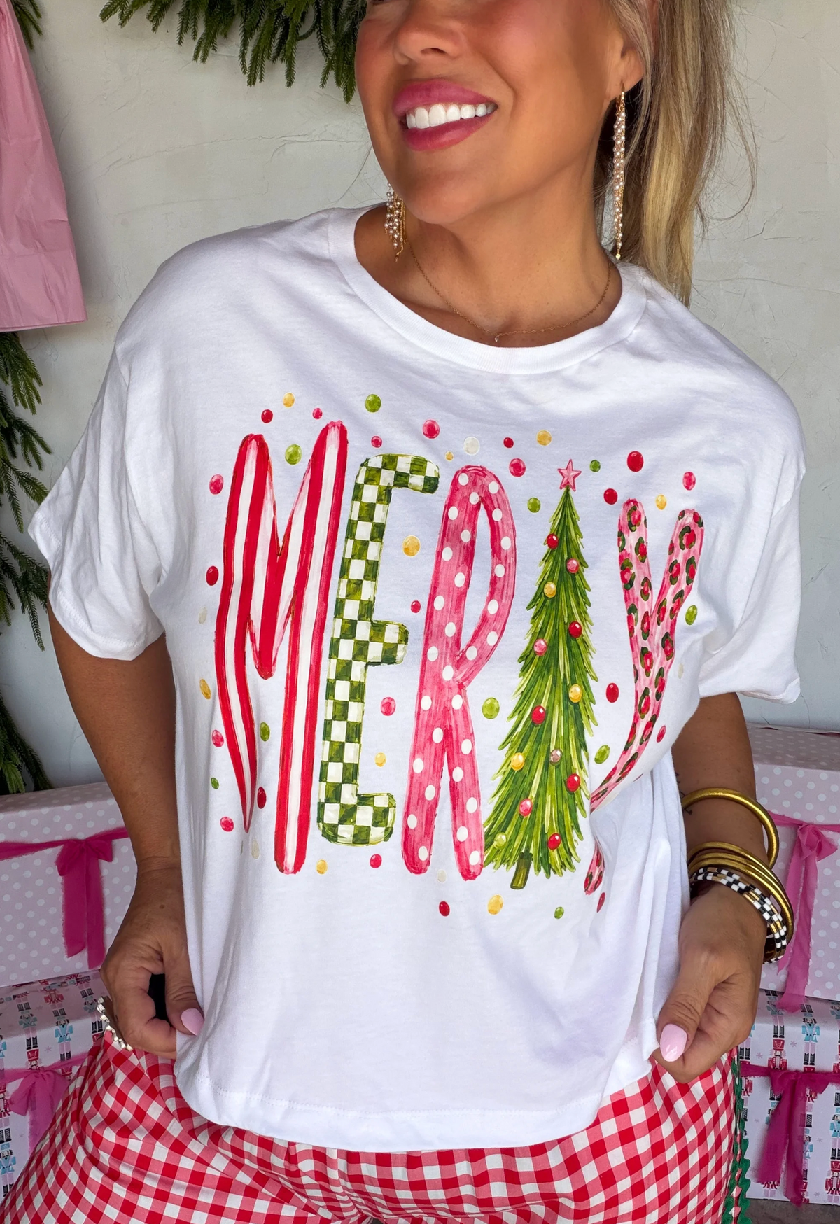 *PREORDER* MERRY MIXED PRINT GRAPHIC CAP SLEEVE TEE