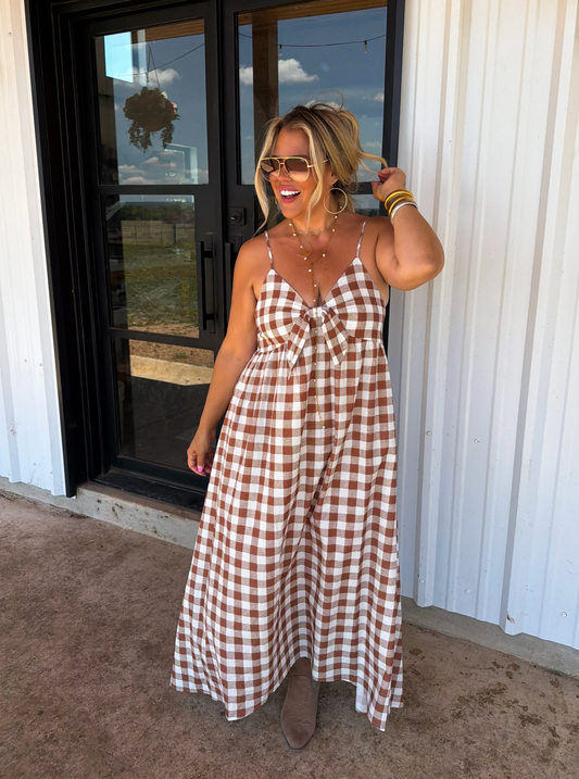 BROWN GINGHAM WESTERN CHARM MAXI DRESS