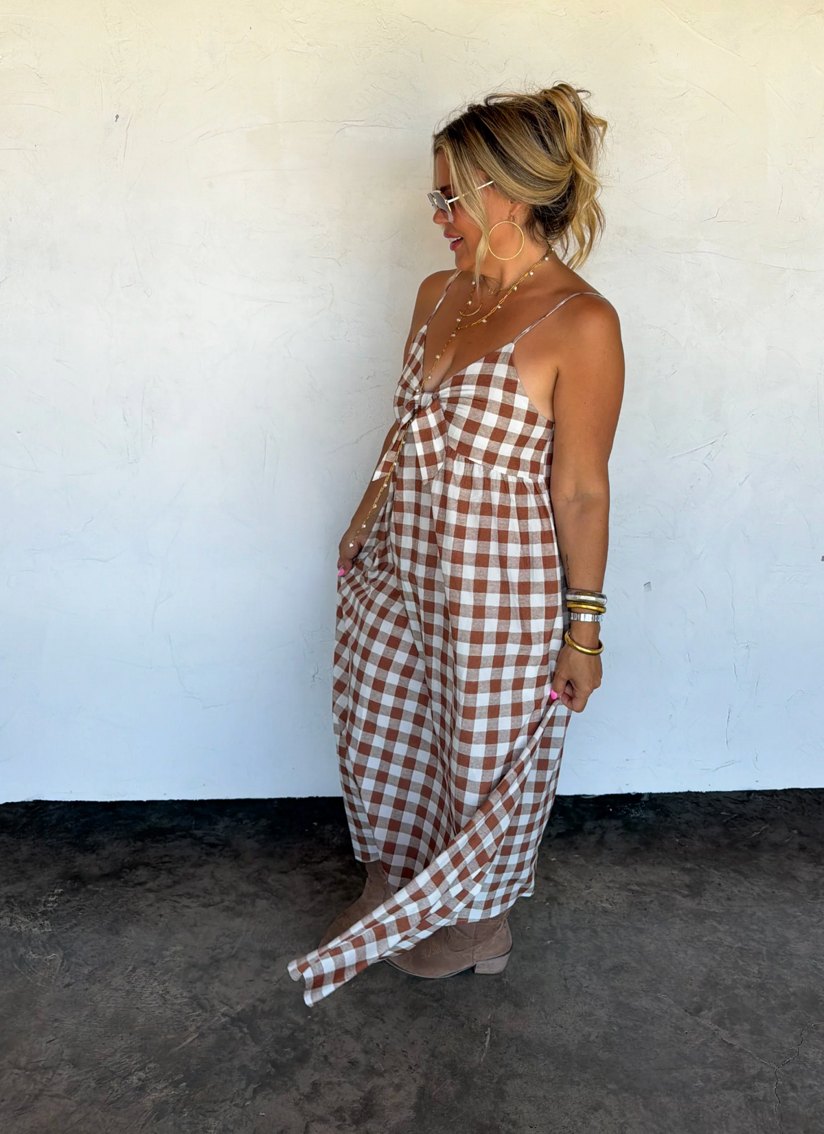 BROWN GINGHAM WESTERN CHARM MAXI DRESS