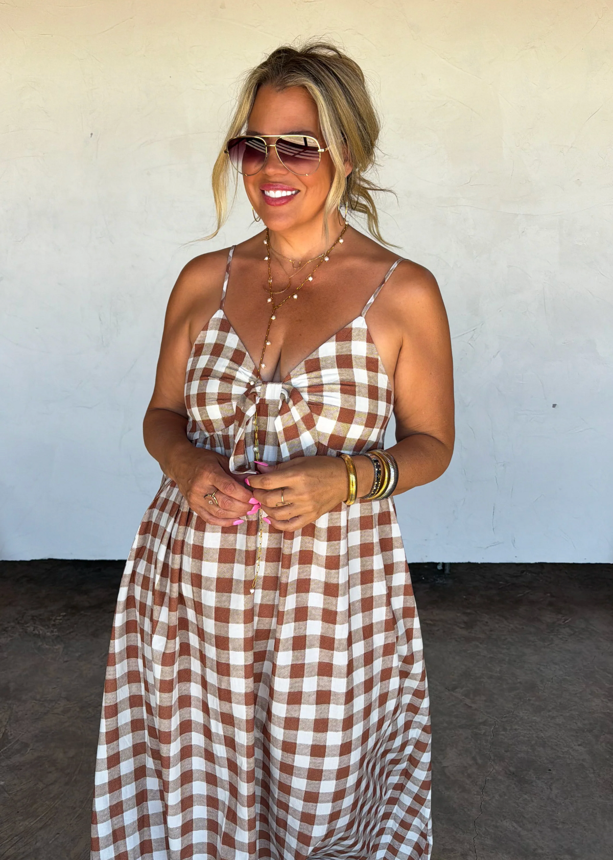 BROWN GINGHAM WESTERN CHARM MAXI DRESS