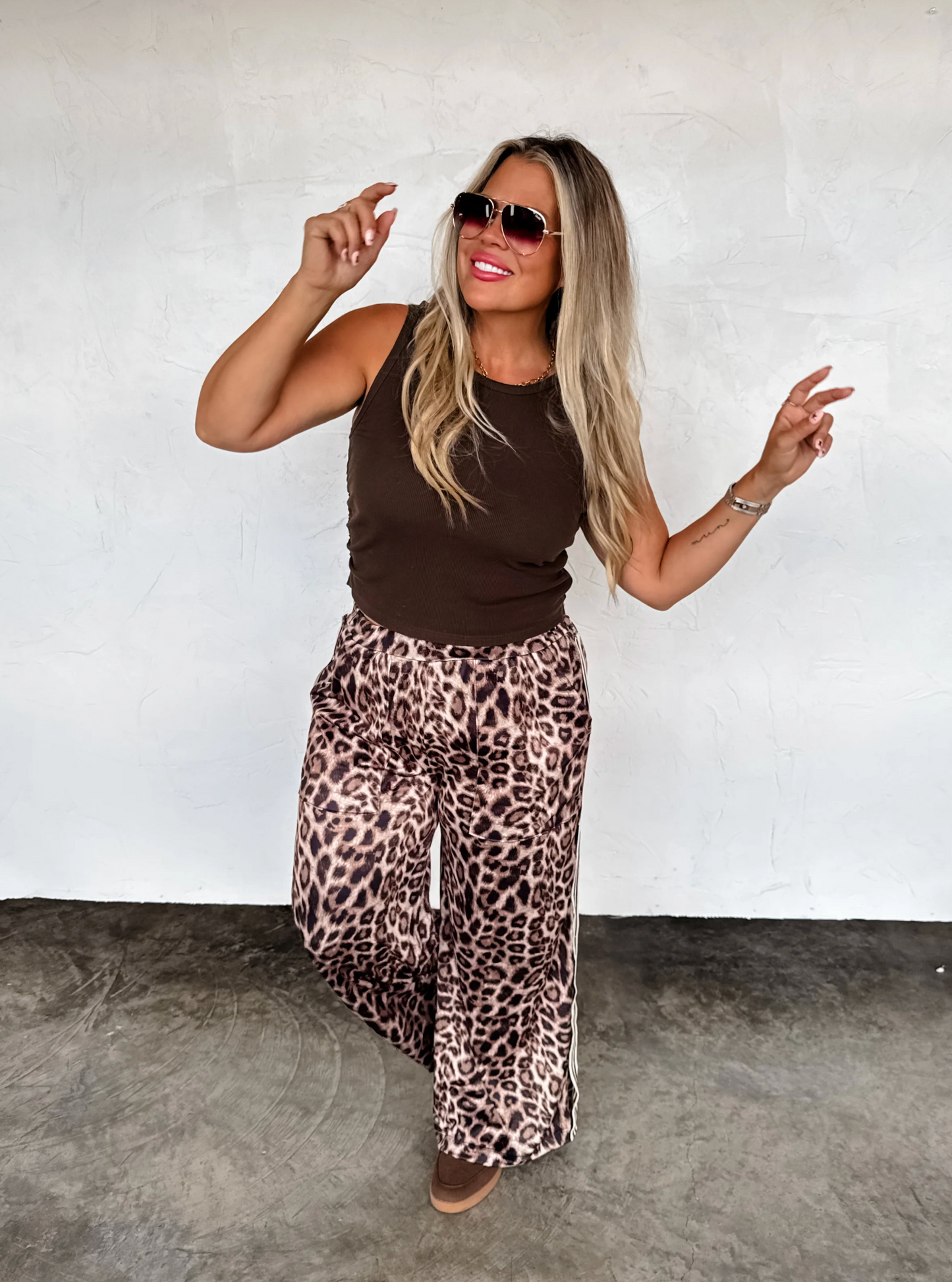 HADDIE SILKY SOFT WIDE LEG CHEETAH SIDE STRIPE PANTS