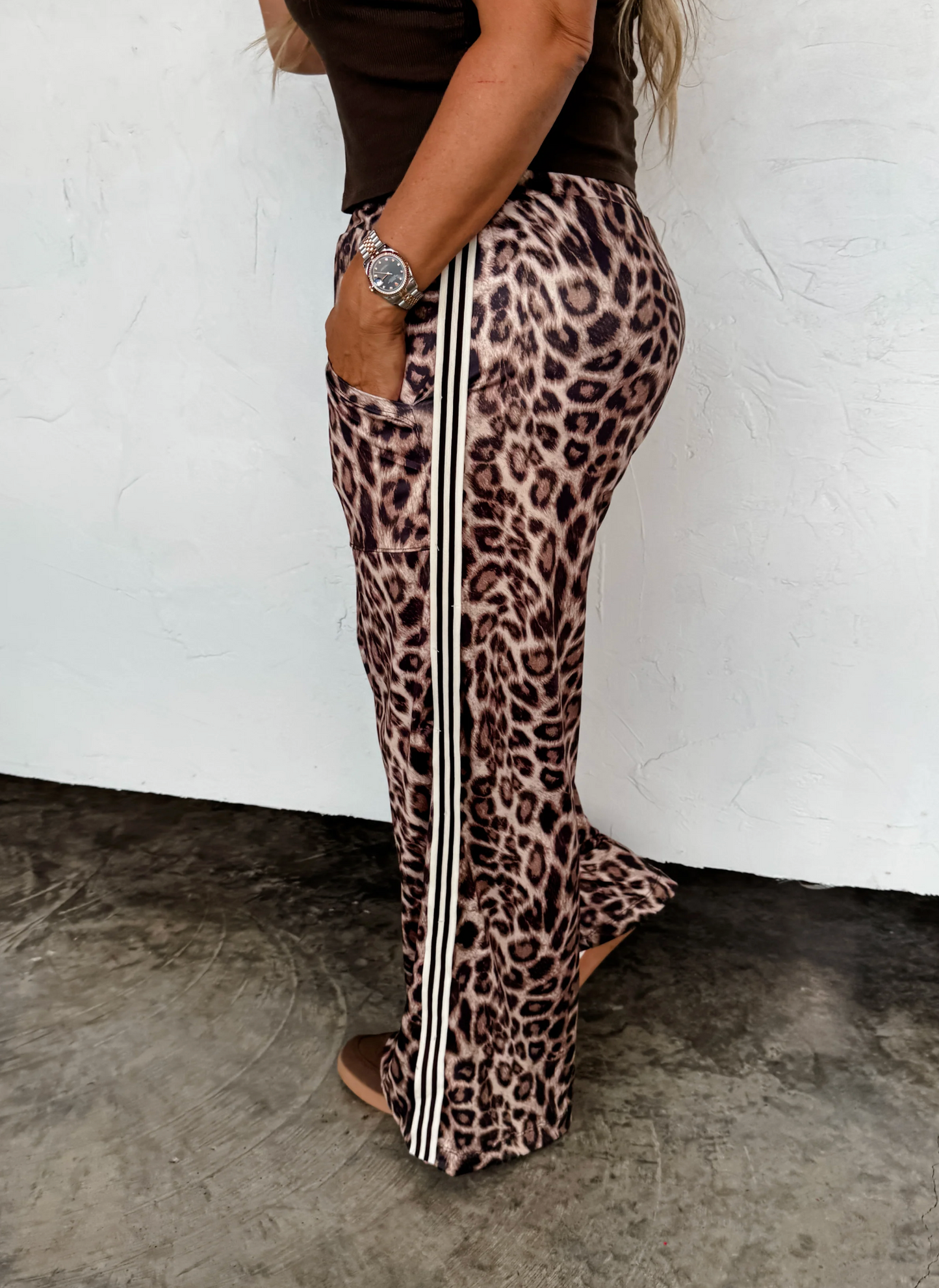 HADDIE SILKY SOFT WIDE LEG CHEETAH SIDE STRIPE PANTS