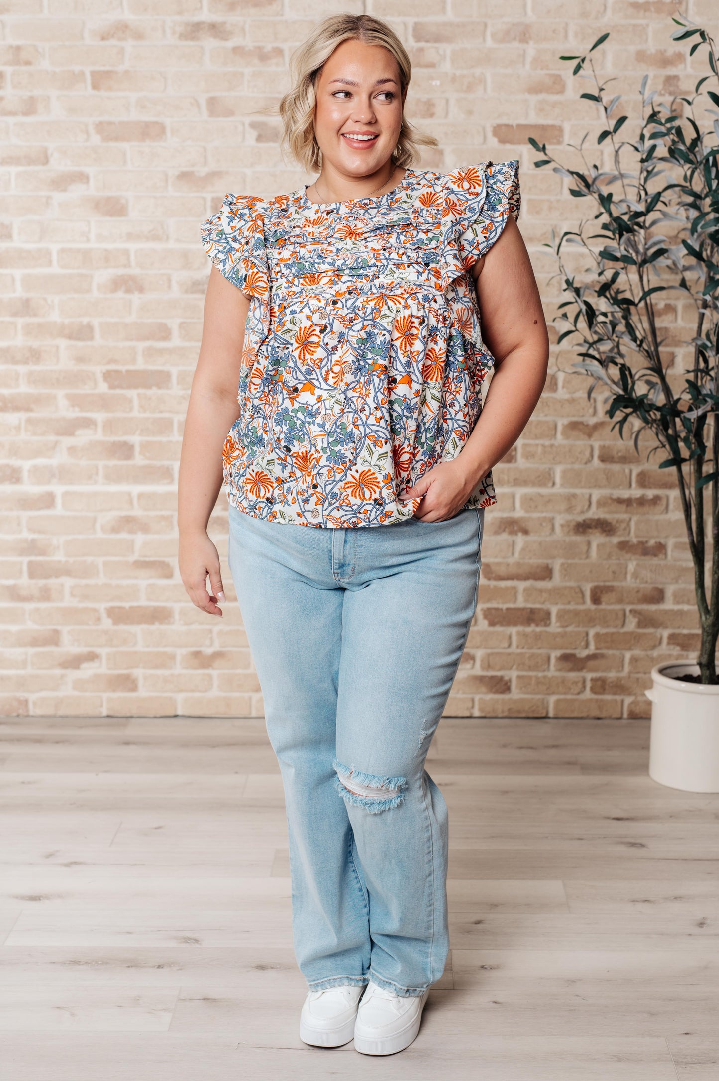 PINTUCK FLORAL FLUTTER SLEEVE BLOUSE