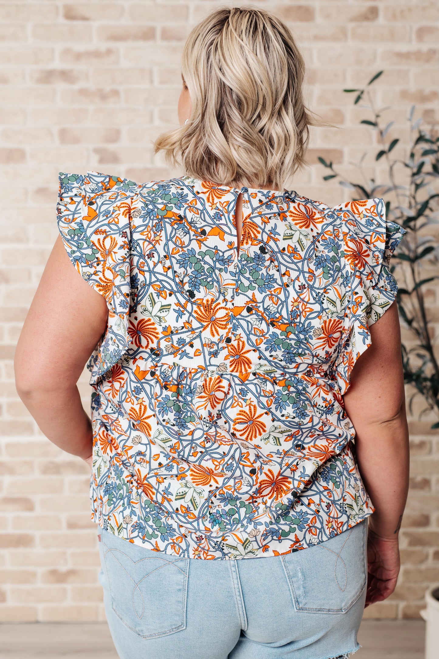 PINTUCK FLORAL FLUTTER SLEEVE BLOUSE