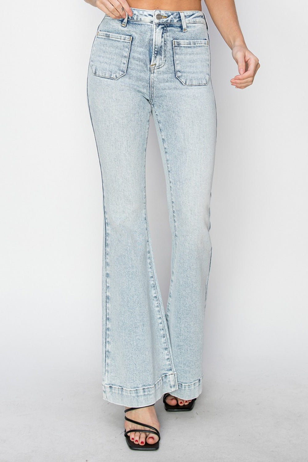RISEN ACID WASH HIGH RISE FRONT PATCH POCKET FLARE JEANS