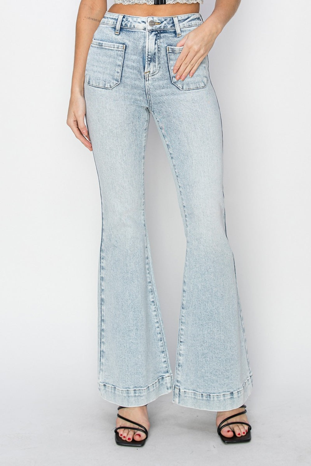 RISEN ACID WASH HIGH RISE FRONT PATCH POCKET FLARE JEANS