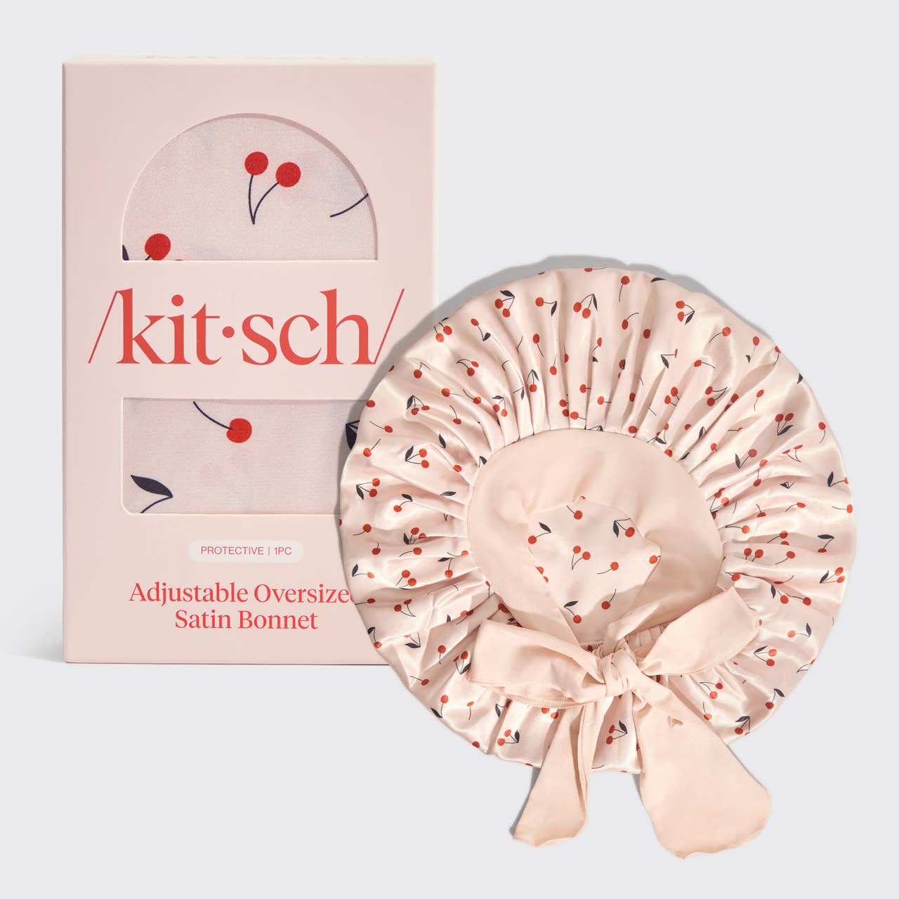 KITSCH ADJUSTABLE OVERSIZED SATIN BONNET - CHERRY PRINT