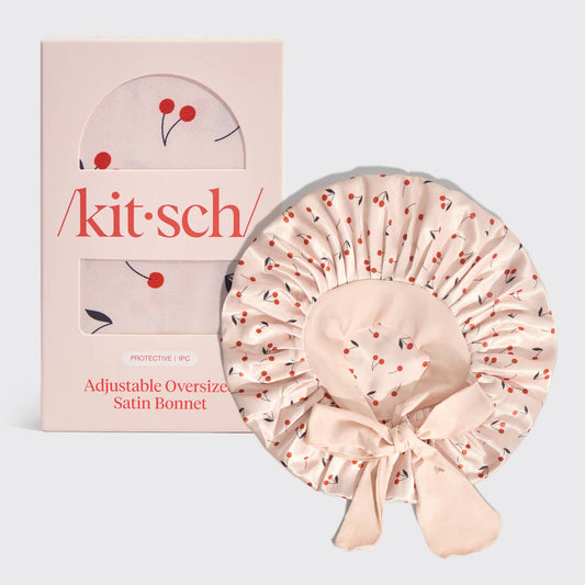 KITSCH ADJUSTABLE OVERSIZED SATIN BONNET - CHERRY PRINT
