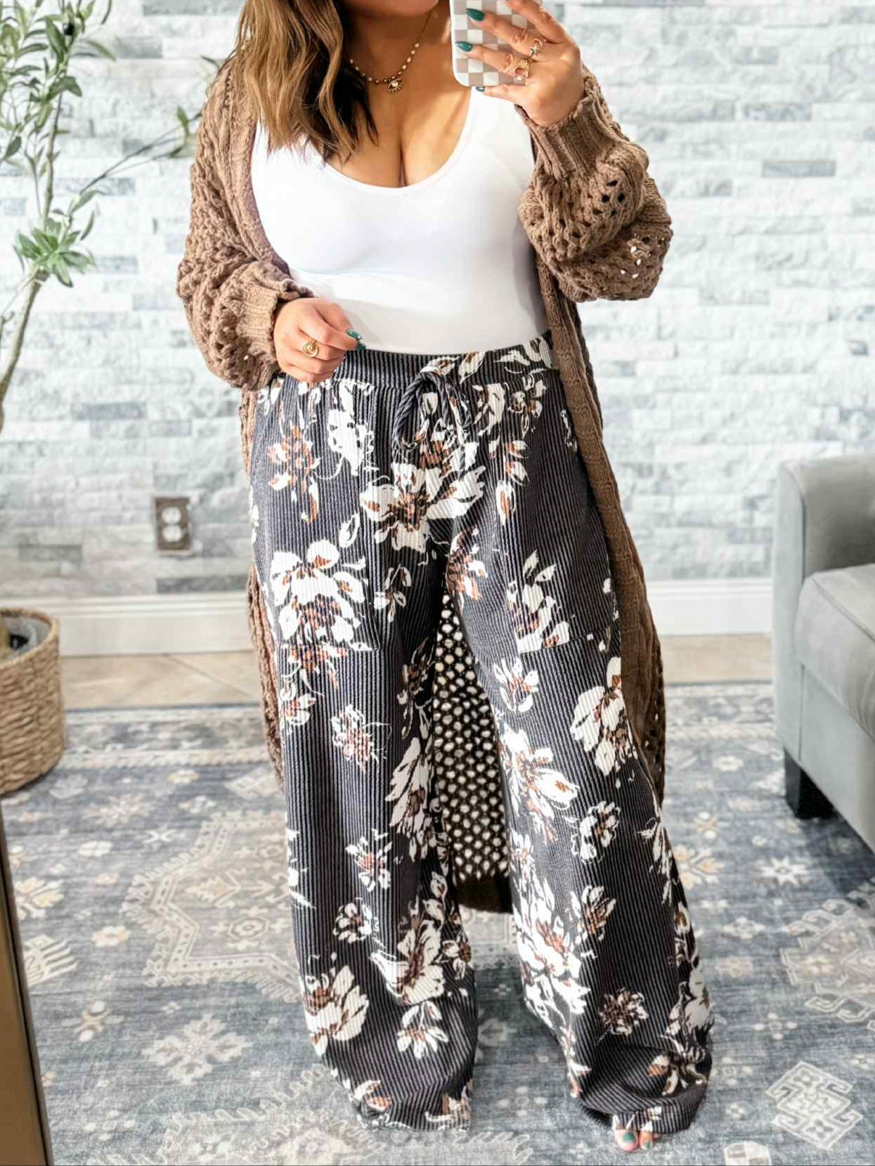 HADDIE FLORAL URBAN RIBBED WIDE LEG PANTS in BLACK