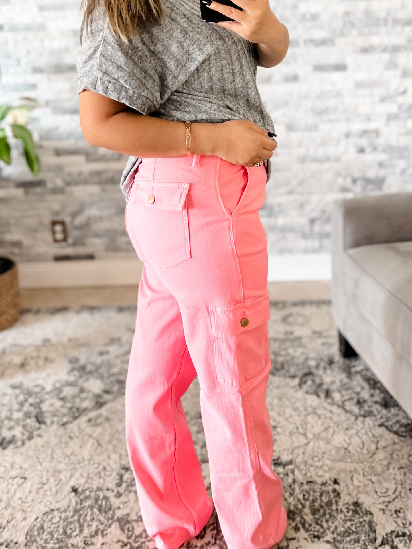 JUDY BLUE BUBBLE GUM PINK HIGH RISE CARGO PANTS