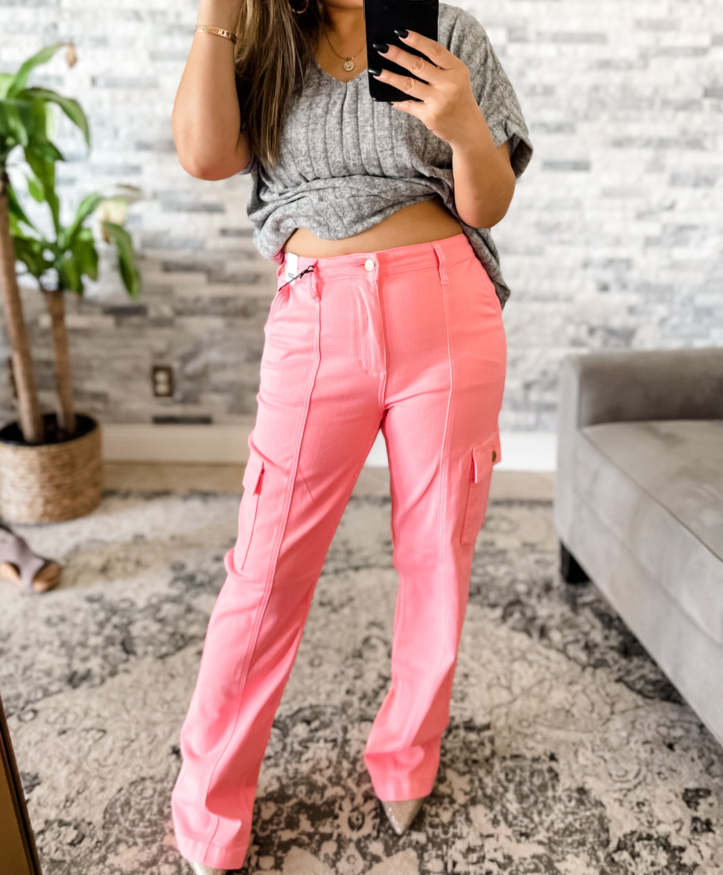 JUDY BLUE BUBBLE GUM PINK HIGH RISE CARGO PANTS