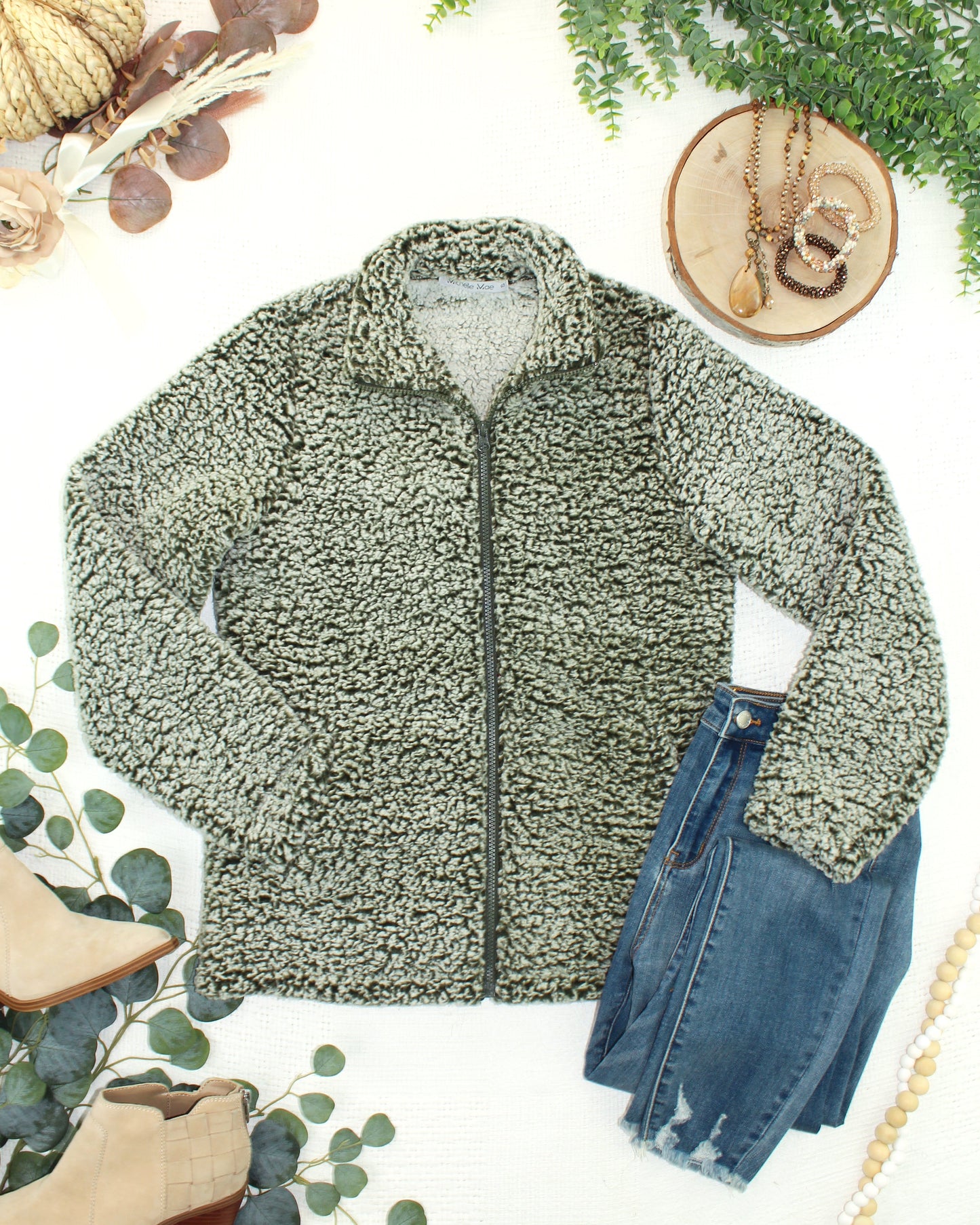 Two Tone Fullzip Sherpa - Olive and White