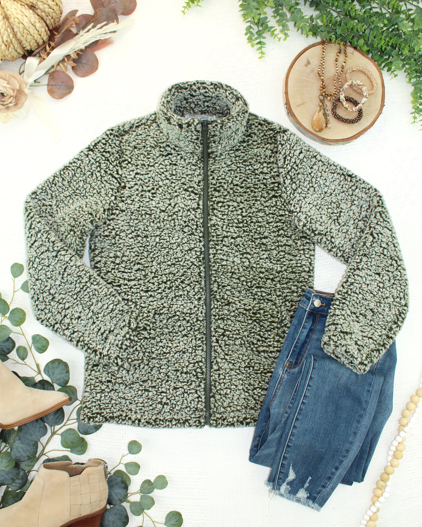 Two Tone Fullzip Sherpa - Olive and White